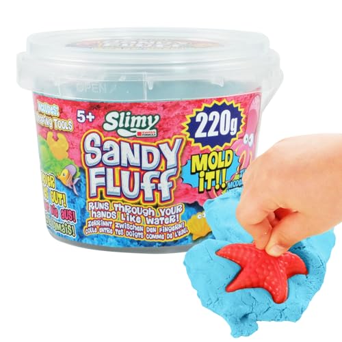 SLIMY Sandy Fluff 220g Blauer Sand - Original Slime Sand für Kinder, magische Spielmasse inklusive Eimer und Zwei Formen, elastische Spielknete (Spielzeug ab 3 Jahre) von Slimy