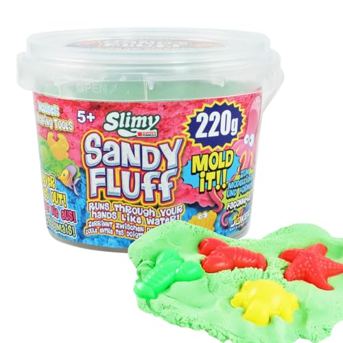 SLIMY Sandy Fluff 220g grüner Sand - Original Slime Sand für Kinder, magische Spielmasse inklusive Eimer und Zwei Formen, elastische Spielknete (Spielzeug ab 3 Jahre) von Slimy