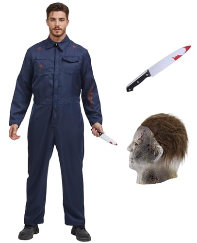 SV046M Jumpsuit für Erwachsene, blau, für Herren, Halloween-Kostüme, gruseliger Film, Serienmörder, Cosplay, Overall, Outfit-Set mit Messer-Requisite SV046M Jumpsuit für Erwachsene, blau, für Herren, Halloween-Kostüme, gruseliger Film, Serienmörder, Cosplay, Overall, Outfit-Set mit Messer-Requisite von Slivomi