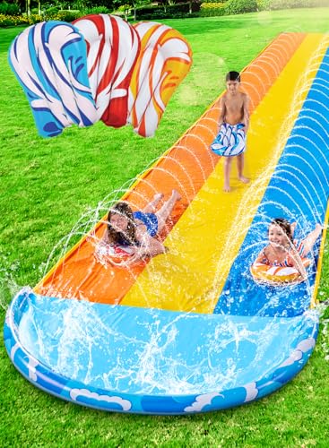Sloosh 22,5ft x 84in/685.8*213.3cm Wellen Dreifach-Garten-Wasserrutsche, strapazierfähige Wasserrutsche mit 3 Bodyboards und Sprinkler für Kinder und Erwachsene, Sommer-Wasserspielzeug für den Garten von Sloosh