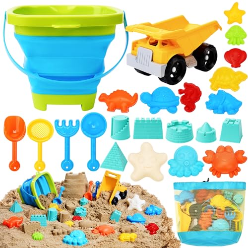Sloosh Strand-Sandspielzeug-Set – Kipplaster, Auto-Spielzeug mit Sandformen für Kleinkinder, Outdoor-Spielen, zusammenklappbar, Netzbeutel, Sandschaufeln, Schloss, Tierform-Sets von Sloosh