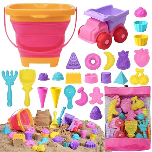 Sloosh Strand-Sandspielzeug-Set – rosafarbenes LKW-Auto-Spielzeug mit Sandformen, zusammenklappbaren Eimern, Netzbeuteln, Schaufeln, Sandkastenspielzeug für Kleinkinder, Geschenke (Lebensmittel) von Sloosh