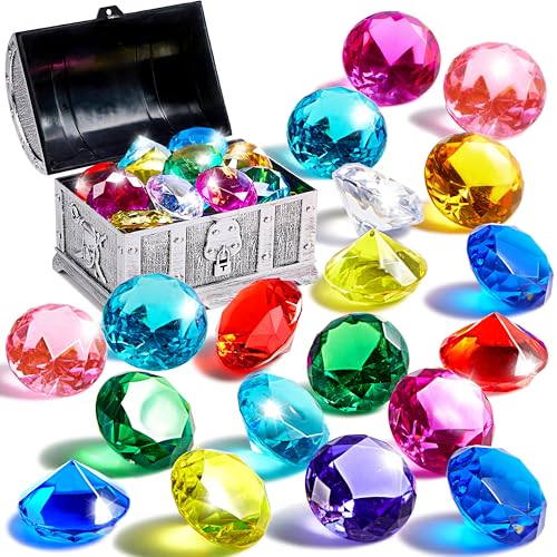 Sloosh Tauch-Edelsteine, Pool-Spielzeug, 16 große Bunte Diamanten mit Piraten-Schatztruhe, Schwimm-Tauchspielzeug für Kinder, Unterwasser-Edelstein, Schwimmtraining, Geschenk, Wasserspielzeug von Sloosh