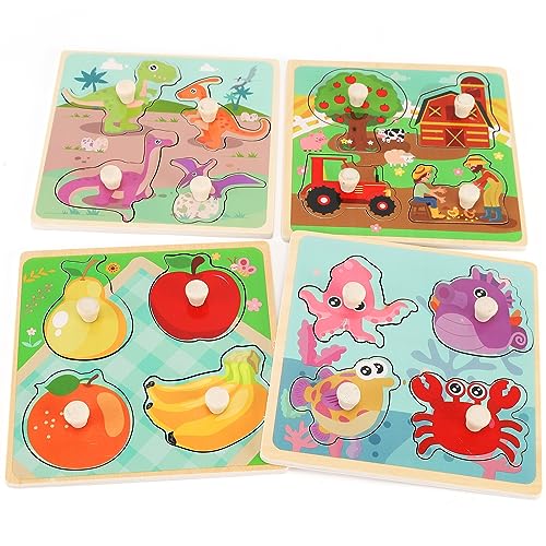 Holzpuzzle für Kleinkinder von 1 bis 3, Lernspielzeug für Kinder von 1 bis 3, 4 Puzzles für Kleinkinder, Bauernhof, Dinosaurier, Obst und Meerestiere, ideales Geschenk von Slotic