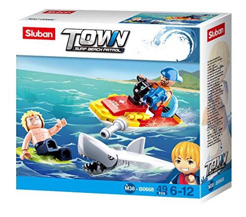 Sluban Klemmbausteine SL95529, Rettungsset Jetski mit Hai (57 Teile) [M38-B0668], Spielset, Klemmbausteine, City, mit Spielfigur, Stadtleben, Multi Colour von Sluban