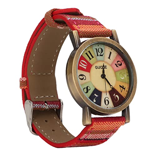 Sluffs Mehrfarbige Uhr Im Böhmischen Stil, Messing-PU-Leder-Knopfbatterie-Damenuhr, Genaue Zeit-Damenuhr, Geeignete Größe Als Geburtstagsgeschenk(Rot) von Sluffs