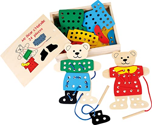 small foot Fädelspiel Anziehbären, Geschicklichkeitsspiel für Kinder, aus Holz, inkl. Holzbox, ab 3 Jahren, 7891, Mehrfarbig von Small Foot