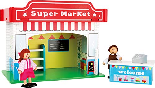 small foot 10853 Spielhaus Supermarkt aus Holz, mit 2 Puppenfiguren, Zubehör und abnehmbarem Dach, ab 3 Jahren von Small Foot
