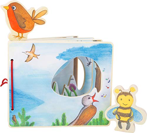 small foot 11217 Bilderbuch Welt der Lüfte, interaktives Buch aus Holz für Kinder, mit Biene und Vogel, ab 12 Monaten von Small Foot