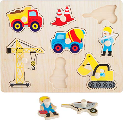 small foot 10445 Setzpuzzle aus Holz mit acht bunten Puzzleteilen in Form von Baustellen Motiven Spielzeug von Small Foot