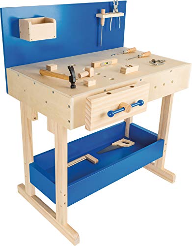 Small Foot Kinder Werkbank in Natur und Blau aus Holz, mit großer Arbeitsfläche und Werkzeug, ab 8 Jahren, 10839 Toys, standard size von Small Foot