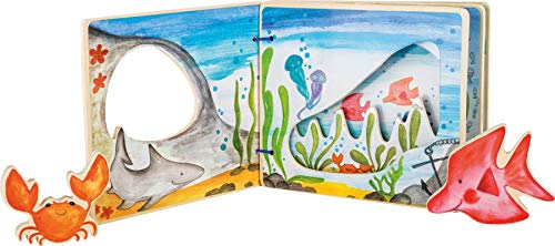 small foot 11290 Bilderbuch Unterwasserwelt, interaktives Buch aus Holz für Kinder, mit Krabbe und Fisch, ab 12 Monaten von Small Foot