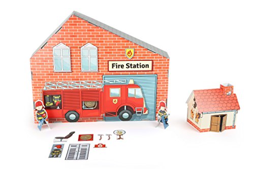 small foot 10763 Feuerwehrstation aus bedruckter Pappe, Leichter und schneller Aufbau, inkl. Interieur zum Bekleben, aufstellbaren Puppen und brennendes Papphäuschen von Small Foot
