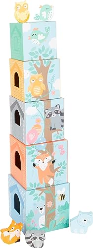 Small Foot Stapelwürfel Pastell aus Pappe mit Tierfiguren aus Holz, Stapelturm für Kleinkinder ab 12 Monaten, 11721 Toys von Small Foot