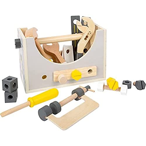 Small Foot Werkzeugkasten 2 in 1 Miniwob, Rollenspielzeug für Kinder, mit Werkzeugen aus Holz, ab 3 Jahren, 11809, Grau Gelb von Small Foot