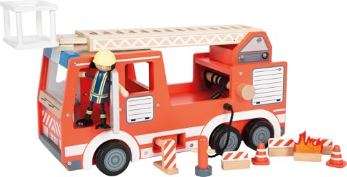 Small Foot Feuerwehrauto aus Holz, mit drehbarer Leiter, Schlauch & Zubehör, Feuerwehr-Spielzeug für Kinder ab 3 Jahren, 12657 von Small Foot
