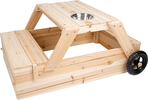 Small Foot Sandkasten mit Sitzgruppe und Matschtisch aus Holz, 3-in-1 Sandkiste zum Zusammenschieben für Kinder, 12420, Natur von Small Foot