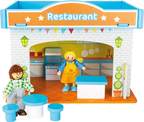 small foot 10852 Spielhaus Restaurant aus Holz, mit 2 Puppenfiguren, Zubehör und abnehmbarem Dach, ab 3 Jahren von Small Foot