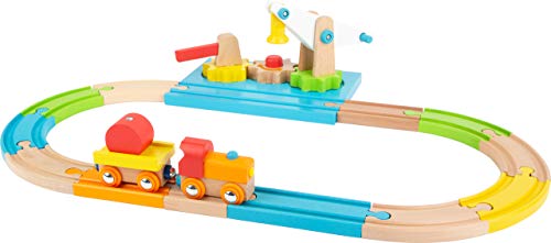 small foot 11494 Eisenbahnset aus Holz, mit Lok, Kran und interaktiven Zahnrädern, in bunten Farben gehalten, ab 1 Jahr Spielzeug, Mehrfarbig von Small Foot