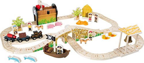 small foot 3123 Eisenbahnset Pirateninsel, Komplettset Holzeisenbahn mit Spielfiguren und vielen Funktionen, ab 3 Jahren Spielzeug, Mehrfarbig von Small Foot