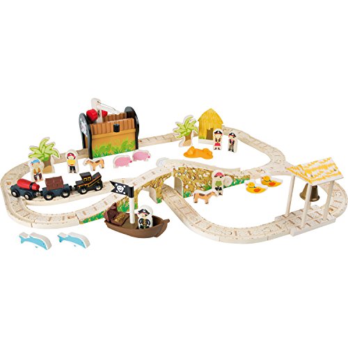 small foot 3123 Eisenbahnset Pirateninsel, Komplettset Holzeisenbahn mit Spielfiguren und vielen Funktionen, ab 3 Jahren Spielzeug, Mehrfarbig von Small Foot