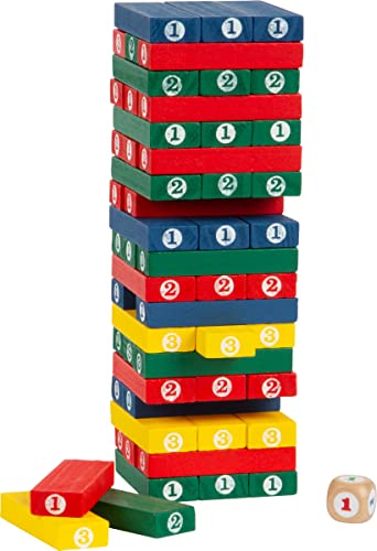 small foot Zahlenturm aus bunt lackiertem Holz, mit 57 farbenfrohen Holzblöcken und 1 Holzwürfel, Wackelturm, 5260 von Small Foot