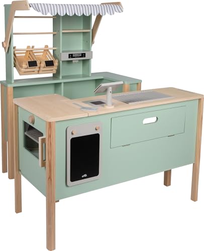 small foot Kaufladen und Kinderküche Salbeigrün „Fresh“ aus Holz mit Zubehör, Spielküche & Marktstand, Rollenspielzeug für Kinder ab 3 Jahren, 12688 von Small Foot