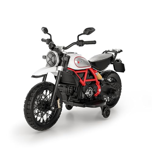 Smart BeBe Kinder Elektro-Motorrad Ducati Scrambler 12V Batterie Geschwindigkeit MP3 Sound und Lichter 3-8 Jahre Kindermotorrad mit Stützrädern (Weiß) von Smart BeBe