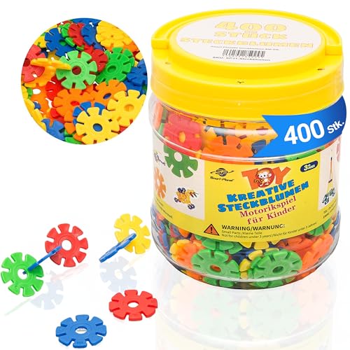 Smart-Planet 400 Steckblumen in Dose - Kinder Motorikspielzeug ab 3 Jahre - Schneeflocken zum Stecken 3,3 cm - Lernspielzeug - Steckbausteine Stecksteine zum Bauen - Geschenkidee von Smart-Planet