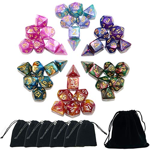 SmartDealsPro 6 x 7 Stück (42 Stück) Glitzer Polyedrische Würfel-Sets mit Taschen für DND RPG MTG Dungeon und Dragons Tischbrettrolle Spiele D4 D8 D10 D12 D20 von SmartDealsPro