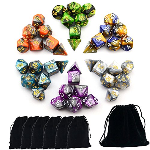 Smartdealspro 6 x 7 Sets (42 Stück) doppelfarbige Polyedral-Würfel-Set mit Taschen für Dungeons und Dragons DND RPG MTG Tischspiele D4 D6 D8 D10 D12 D20 (6 Farben Set 2) von SmartDealsPro