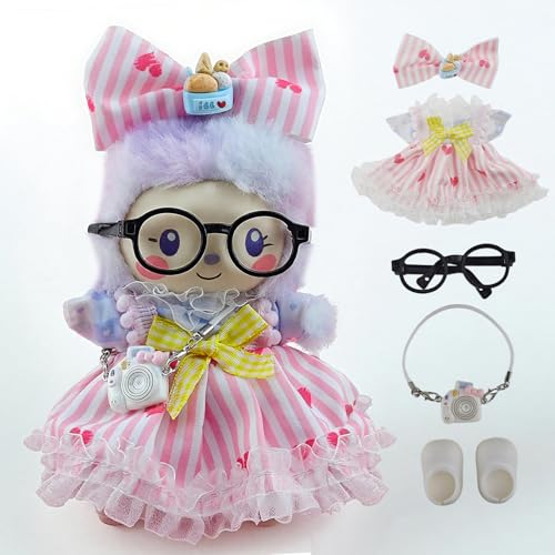 Kleidung für 17 cm Puppenrock, Puppenkleidungsset mit rosa gestreiftem, modischem süßem Kleid, Schleife, Brille, Kamera-Halskette und Schuhen, 5-teiliges Zubehör von Smartkid