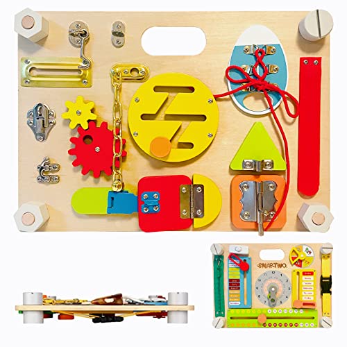 Smartwo Doppelseitiges Busy Board ab 2 Jahre aus Holz, Activity Board für Kleinkinder 1-3 Jahre mit 20 Lernaktivitäten, Baby Sensorisches Motorikbrett, Montessori Spielzeug für Vorschuler von Smartwo