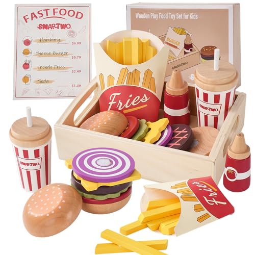 Smartwo Kinderküche Zubehör Holz, Spielküche Hamburger Holzspielzeug, Küchenzubehör Lebensmittel Spielzeug Fast Food Set, Küchenspielzeug Essen für Rollenspiele, Geschenk ab 3 Jahre von Smartwo