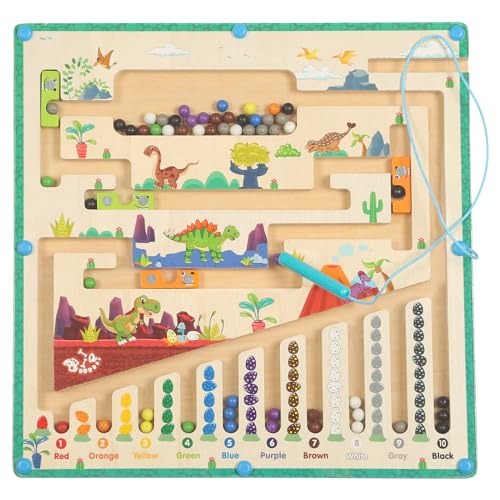 Smartwo Montessori Magnetspiel Labyrinth ab 3 Jahre, Magnet Spielzeug Kinder, Farben & Zahlen Lernspiele, Holz Motorikspielzeug, Mädchen Jungen 4 5 6 Jahre, Dinosaurier Thema von Smartwo