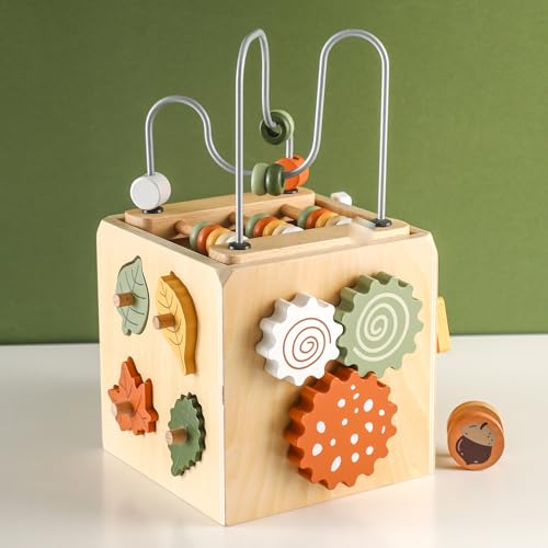 Smartwo Motorikwürfel Holz ab 1 Jahr, Montessori Spielzeug 2 Jahre, Aktivitätswürfel Baby, 6 in 1 Activity Würfel mit Motorikschleife, Holzspielzeug Motorikspielzeug, Geschenk für Kleinkinder von Smartwo