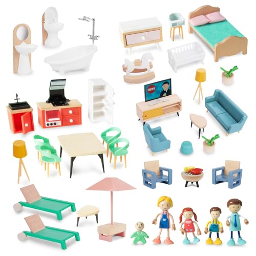 Smartwo Puppenhaus Möbel aus Holz und Plastik, Puppenhäuser-Zubehör 43 Teilig, Miniatur Möbel Spielzeug Set mit 5 Biegepuppen Familie für Rollenspiel, Mädchen Jungen Geschenk ab 3 4 5 Jahre von Smartwo