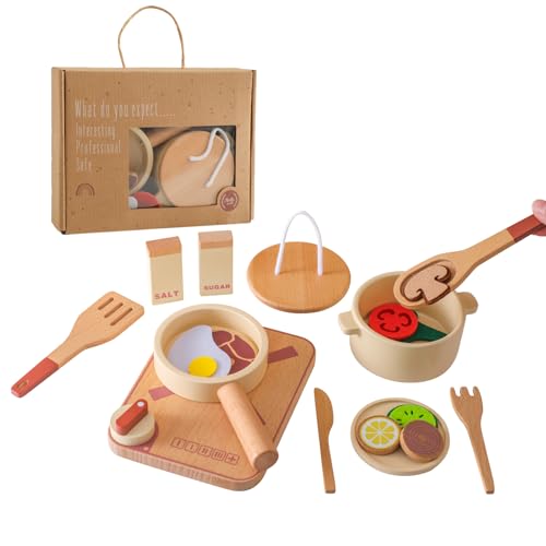 Smartwo Topfset und Geschirr für Spielküche, Kinderküche Zubehör aus Holz, Küchenutensilien Pfanne Holzspielzeug-Set, Kochset für Rollenspiele, Weihnachten Geschenk für Jungen Mädchen ab 3 Jahre von Smartwo