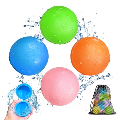 Smasiagon 4 Stück Wiederverwendbare Wasserbomben Selbstschließend, Schnell befüllbare Silikon Spritzbälle für Kinder Erwachsene, Outdoor Sommerspaß Wasserspielzeug für Party, Wasserpark, Familienspiel von Smasiagon