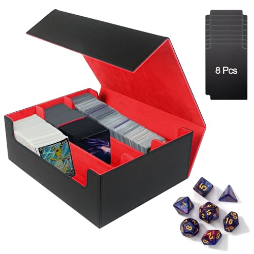 Smgbway Deck Box für Magic the Gathering Karten, Magnetic Sammelkarten Box mit 8 Kartenteiler, 7Pcs Polyedrisch Würfel für 1800+ Karten, Supergroße Kapazität PU Leder Card Deck Box (1800+, blackred) von Smgbway