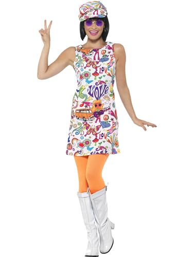 Smiffys 60er-Jahre Groovy-Mädchen-Kostüm, mehrfarbig, mit Kleid und Mütze von Smiffys
