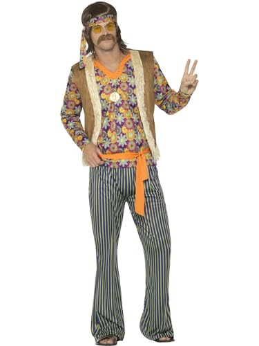Smiffys 60er-Jahre Hippie-Sänger-Kostüm Herren, mehrfarbig, mit Oberteil, Weste, Hose, Gürtel und Stirnband von Smiffys