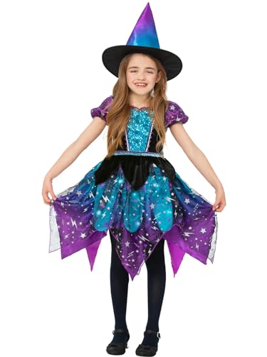 Deluxe Moon & Stars Witch Costume - Light up Dress & Hat, Purple & Teal Ombre - M von Smiffys
