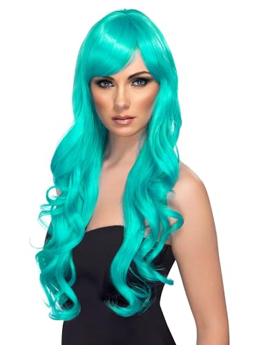 Desire Wig, Aqua, Long, Curly with Fringe von Smiffys