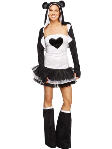 Fever, Damen Panda Kostüm, Tutu-Kleid mit abnehmbaren Trägern, Jacke mit Tierkapuze und Überstiefel, Größe: M, 22797 von Smiffys