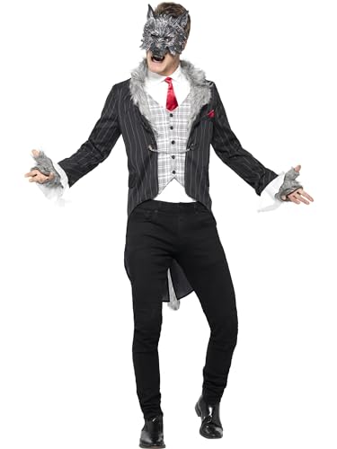 Halloween! Smiffys Großer Böser Wolf-Kostüm, Deluxe, Grau, mit Jacke, abnehmbarem Schwanz, vorgetäuschtem Hemd, Maske und Handschuhe von Smiffys