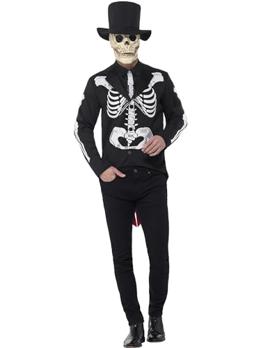 Smiffys Tag der Toten Señor Skelettkostüm, Schwarz, mit Jacke, vorgetäuschtem Hemd, Krawatte, Hut und Latexmaske von Smiffys
