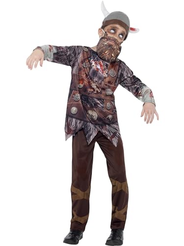 Halloween! Smiffys Zombie Wikinger Kostüm Deluxe, Braun, Oberteil, Hose, Bart, Hut & Sublimationsdruck von Smiffys