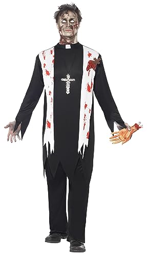 Halloween! Smiffys Zombiekostüm Priester, mit blutigem Oberteil, Latexwunde, Kragen und Hose, Schwarz von Smiffys