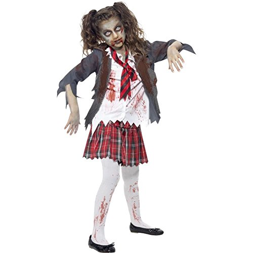 Zombie School Girl Costume, Grey, with Skirt, Jacket, Mock Shirt & Tie, (L) von Smiffys